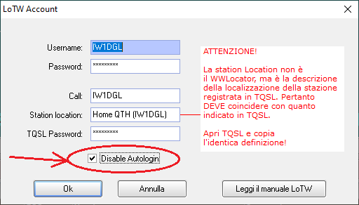 Disattiva il Login automatico a LoTW