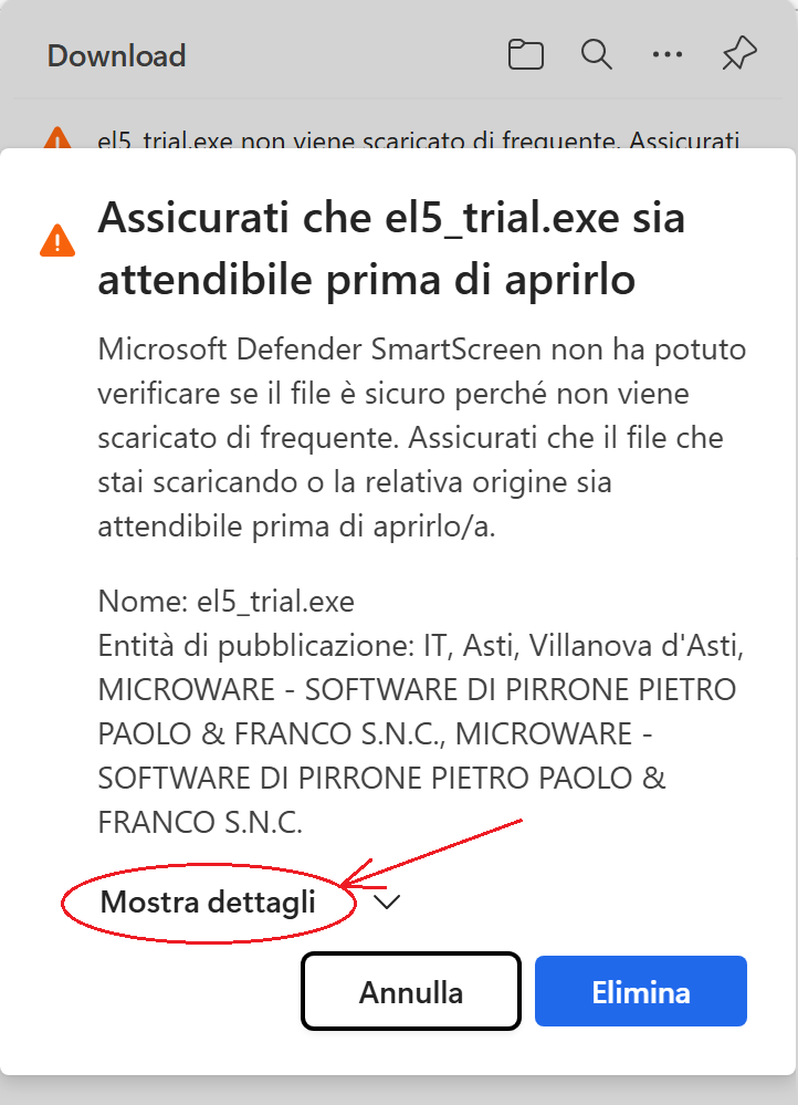 Messaggio di sicurezza di download