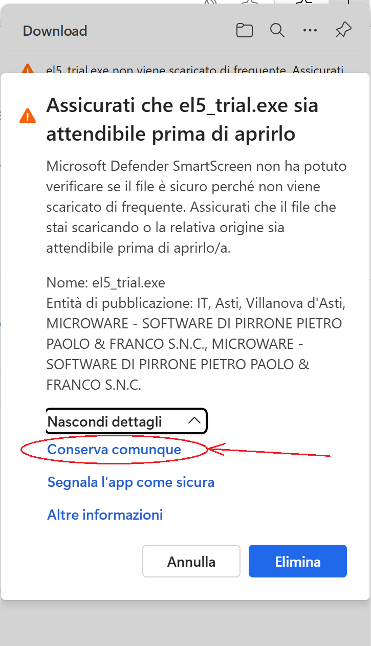 Messaggio di sicurezza di download